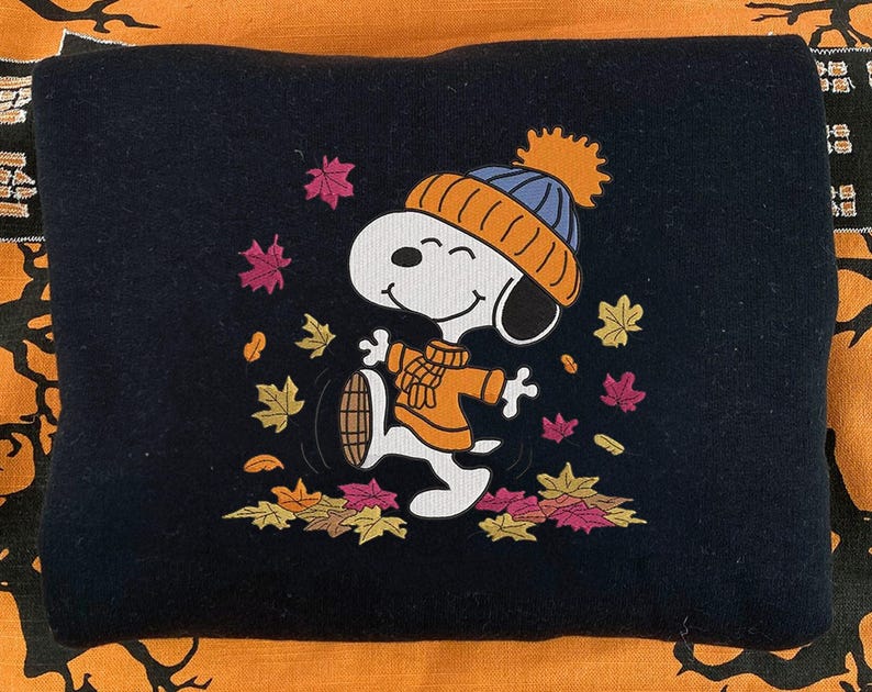 Funny Snoopy Fall Autumn Leaves Pumpkin Halloween Embroidered Sweatshirt, Snoopy Embroidered Sweatshirt, Halloween Embroidered Sweatshirt - Image 2