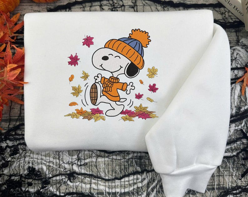Funny Snoopy Fall Autumn Leaves Pumpkin Halloween Embroidered Sweatshirt, Snoopy Embroidered Sweatshirt, Halloween Embroidered Sweatshirt - Image 4