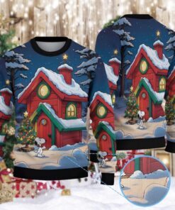 Cute White Dog Cabin Sweater, Red House Christmas Crewneck, Winter Woods Holiday Shirt, Peanuts Cartoon Dog Ugly Xmas Top