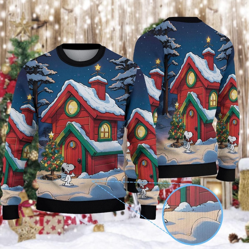 Cute White Dog Cabin Sweater, Red House Christmas Crewneck, Winter Woods Holiday Shirt, Peanuts Cartoon Dog Ugly Xmas Top