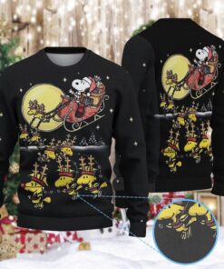 Cartoon Beagle Santa Sleigh Sweater, Cute Yellow Bird Reindeer Holiday Sweatshirt, Peanuts Fan Gift, Funny Black Ugly Christmas Sweater