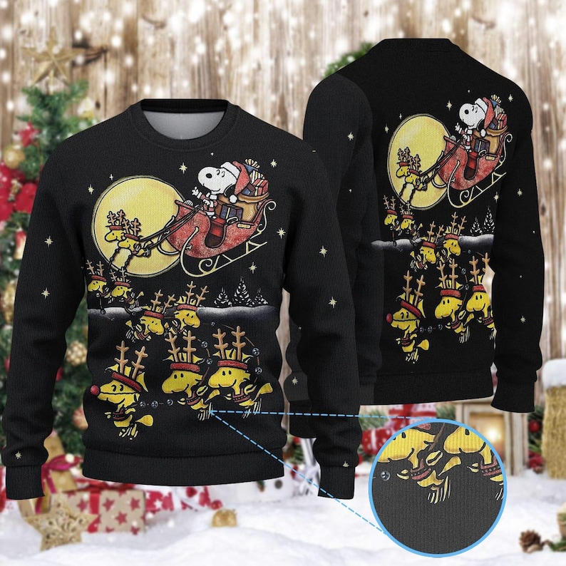 Cartoon Beagle Santa Sleigh Sweater, Cute Yellow Bird Reindeer Holiday Sweatshirt, Peanuts Fan Gift, Funny Black Ugly Christmas Sweater