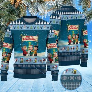 Cartoon Snoopy Dog & Friends Christmas Banner Sweater, Peanuts Winter Cartoon Top