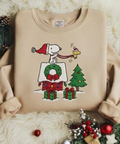 Alternative view of Snoopy Dog Christmas Embroidered Sweatshirt, Cozy Holiday Sweatshirt, Cartoon Winter Shirt, Festive Tree Embroidery