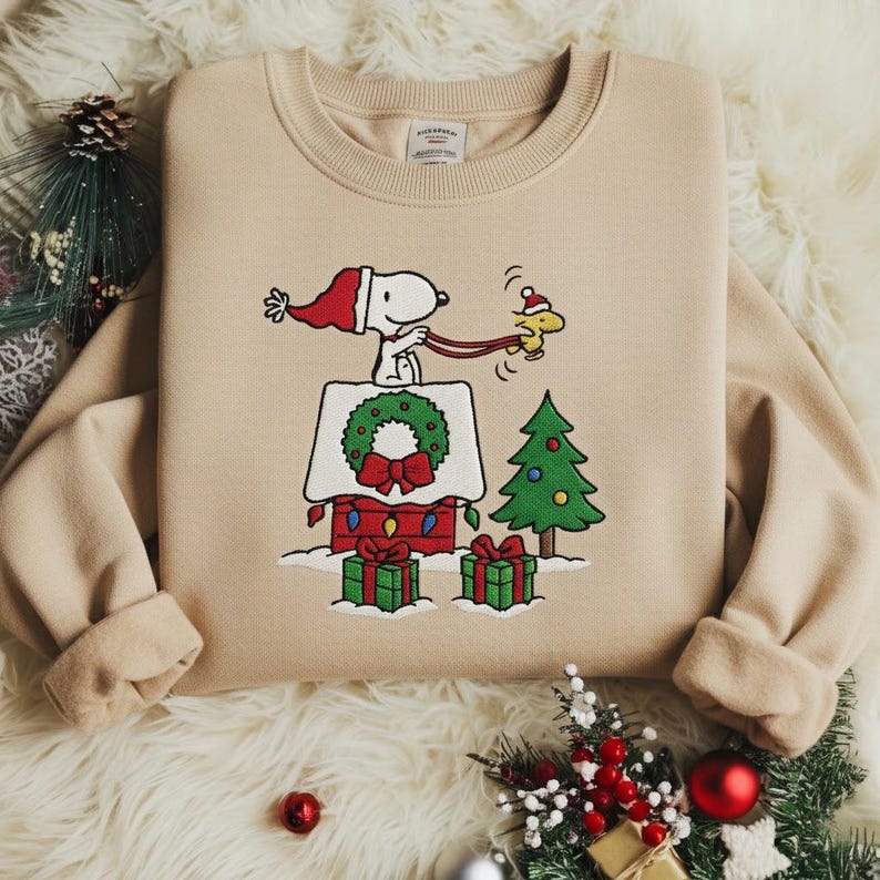 Snoopy Dog Christmas Embroidered Sweatshirt, Cozy Holiday Sweatshirt, Cartoon Winter Shirt, Festive Tree Embroidery - Image 2