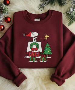 Snoopy Dog Christmas Embroidered Sweatshirt, Cozy Holiday Sweatshirt, Cartoon Winter Shirt, Festive Tree Embroidery
