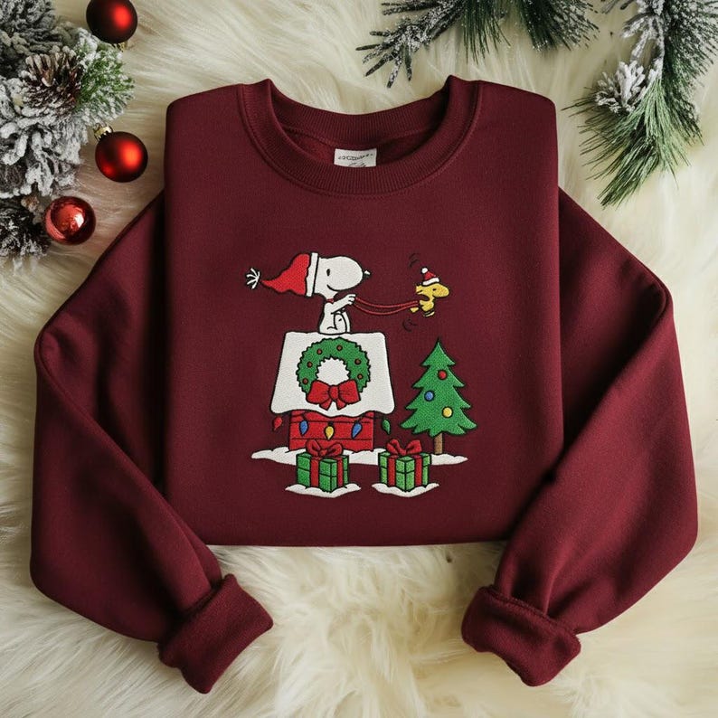 Snoopy Dog Christmas Embroidered Sweatshirt, Cozy Holiday Sweatshirt, Cartoon Winter Shirt, Festive Tree Embroidery