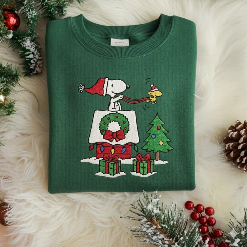 Snoopy Dog Christmas Embroidered Sweatshirt, Cozy Holiday Sweatshirt, Cartoon Winter Shirt, Festive Tree Embroidery - Image 3