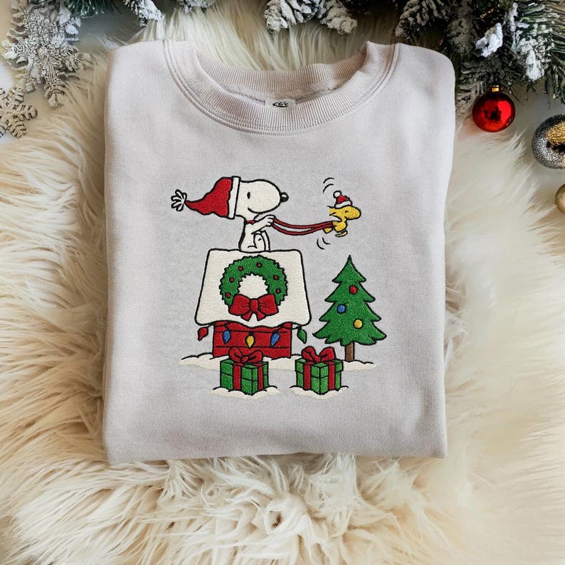 Snoopy Dog Christmas Embroidered Sweatshirt, Cozy Holiday Sweatshirt, Cartoon Winter Shirt, Festive Tree Embroidery - Image 4