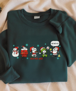 Alternative view of Christmas Cartoon Snoopy Embroidery Sweatshirt, Cute Holiday Dog Embroidered Hoodie, Santa & Snowman Funny Xmas Graphic