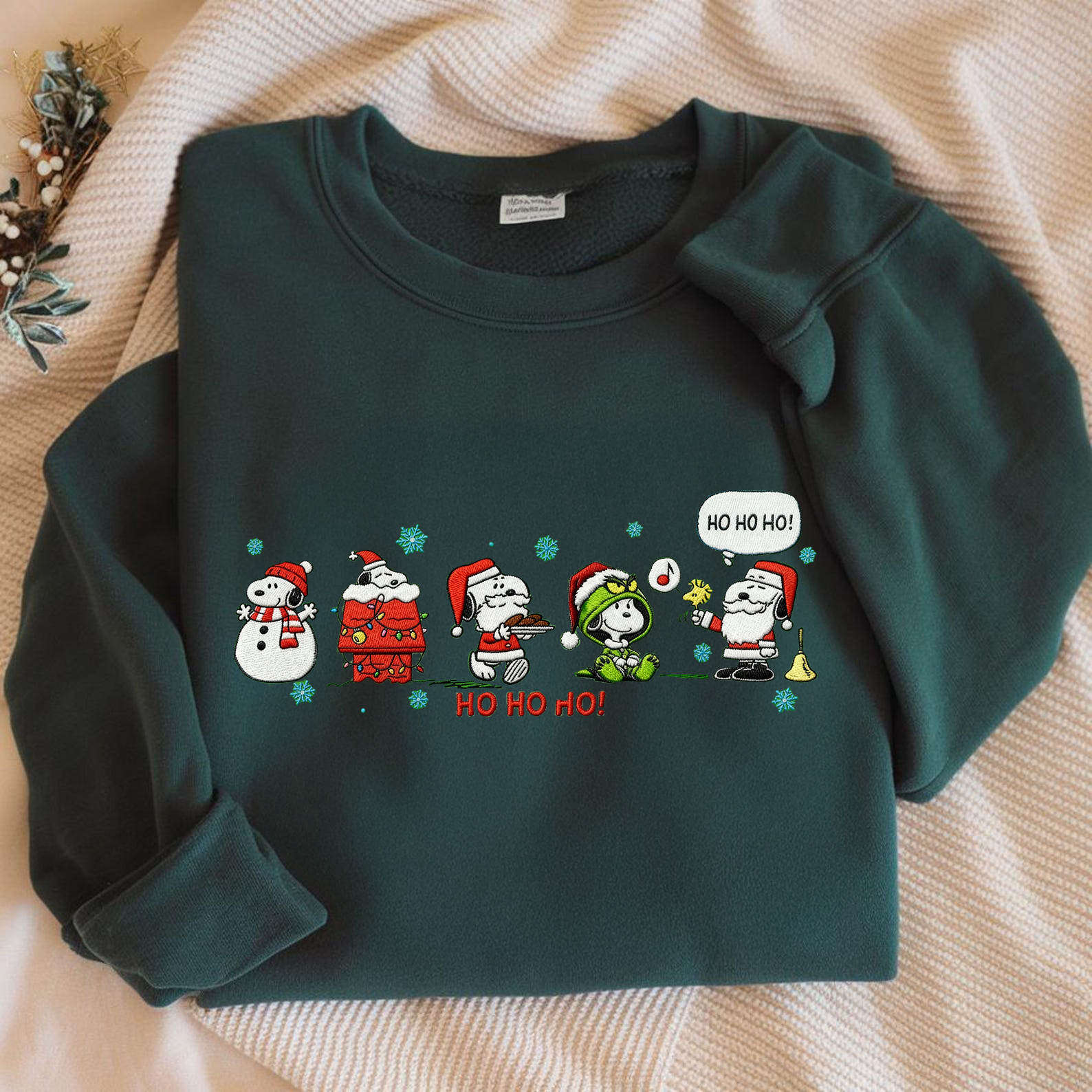 Christmas Cartoon Snoopy Embroidery Sweatshirt, Cute Holiday Dog Embroidered Hoodie, Santa & Snowman Funny Xmas Graphic - Image 2