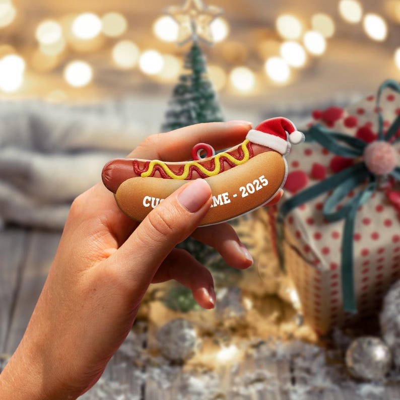 Personalized Hot Dog Christmas Ornament, Funny Food Lover Gift, Custom Name Xmas Decor, Santa Hat Fast Food Keepsake, Tree Decoration - Image 3