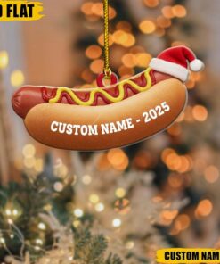 Personalized Hot Dog Christmas Ornament, Funny Food Lover Gift, Custom Name Xmas Decor, Santa Hat Fast Food Keepsake, Tree Decoration