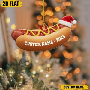 Personalized Hot Dog Christmas Ornament, Funny Food Lover Gift, Custom Name Xmas Decor, Santa Hat Fast Food Keepsake, Tree Decoration
