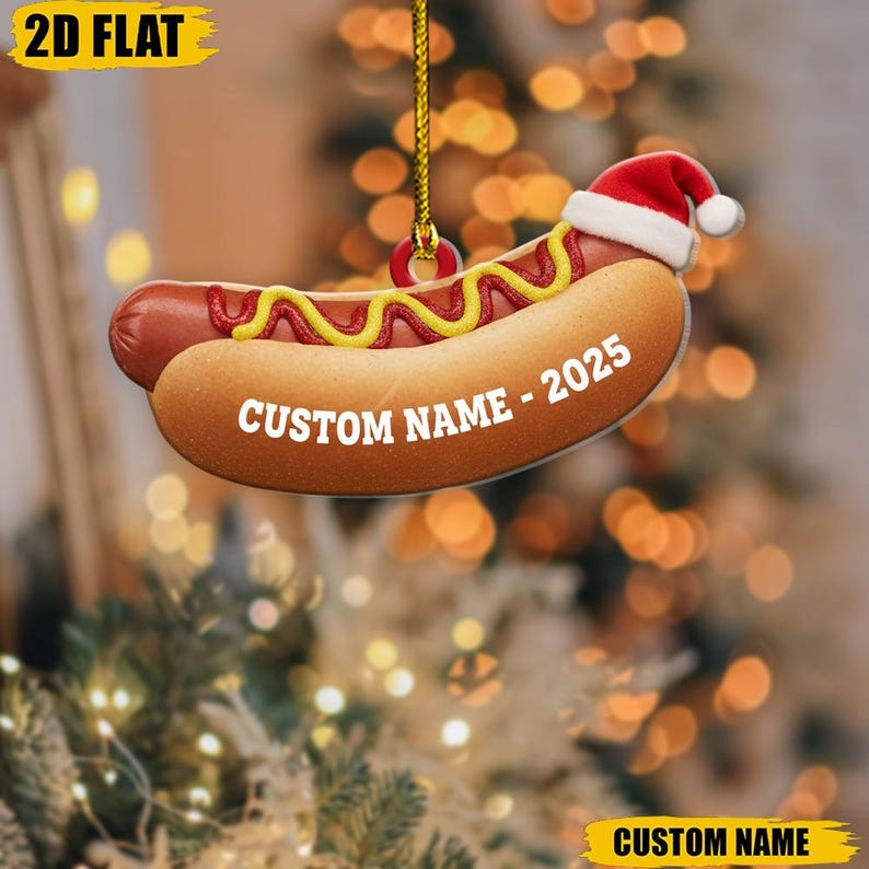 Personalized Hot Dog Christmas Ornament, Funny Food Lover Gift, Custom Name Xmas Decor, Santa Hat Fast Food Keepsake, Tree Decoration