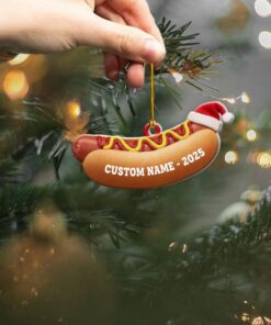 Alternative view of Personalized Hot Dog Christmas Ornament, Funny Food Lover Gift, Custom Name Xmas Decor, Santa Hat Fast Food Keepsake, Tree Decoration