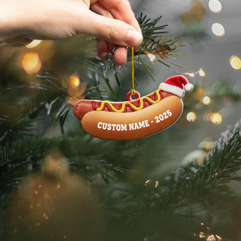 Personalized Hot Dog Christmas Ornament, Funny Food Lover Gift, Custom Name Xmas Decor, Santa Hat Fast Food Keepsake, Tree Decoration - Image 2