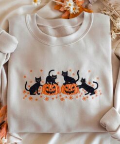 Pumpkin Fall Sweater, Embroidered Halloween Black Cat Sweatshirt, Halloween Crewneck, Cute Autumn Spooky Season