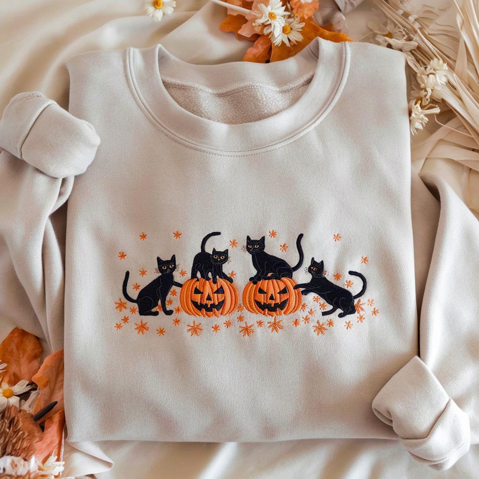 Pumpkin Fall Sweater, Embroidered Halloween Black Cat Sweatshirt, Halloween Crewneck, Cute Autumn Spooky Season