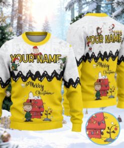 Personalized Cartoon Snoopy Holiday Sweater, Custom Name Cartoon Dog Ugly Christmas Sweatshirt, Cute Beagle Ugly, Animated Character Xmas Sweater