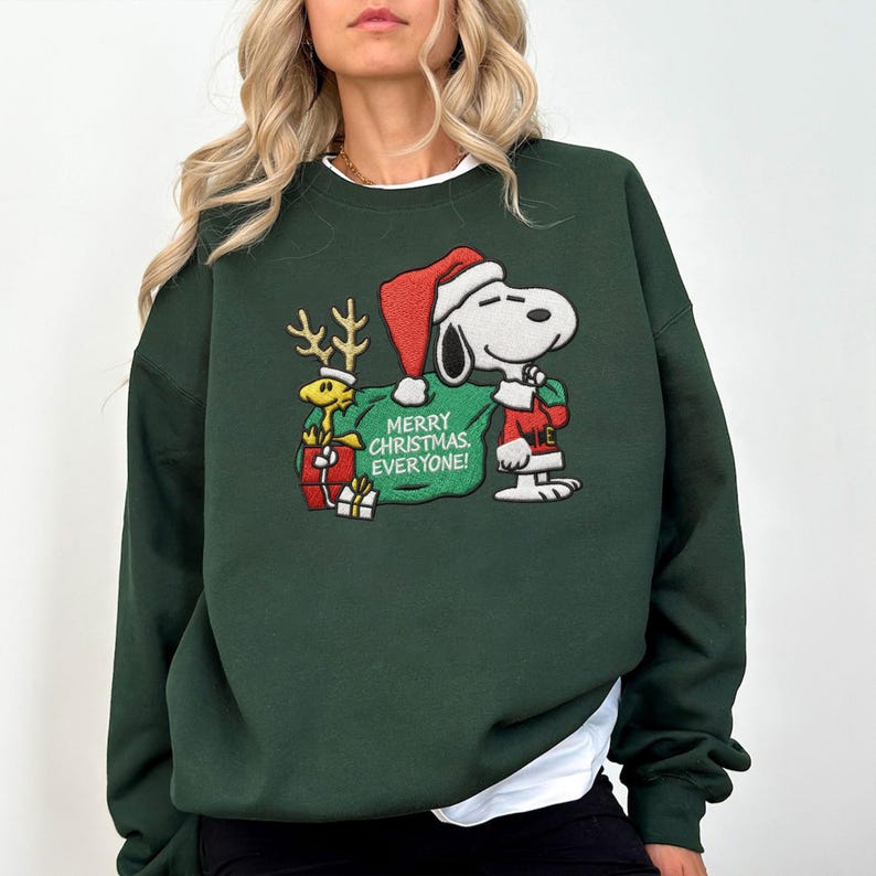 Merry Christmas Everyone Embroidery Shirt, Snoopy And Woodstock Christmas Embroidery Sweatshirt, Embroidery Hoodie - Image 2