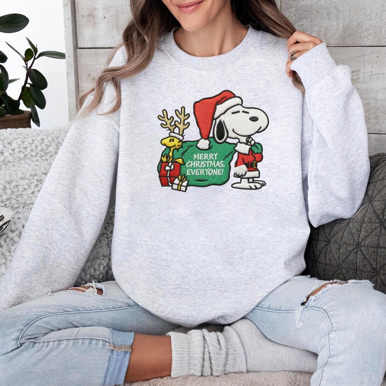 Merry Christmas Everyone Embroidery Shirt, Snoopy And Woodstock Christmas Embroidery Sweatshirt, Embroidery Hoodie - Image 3