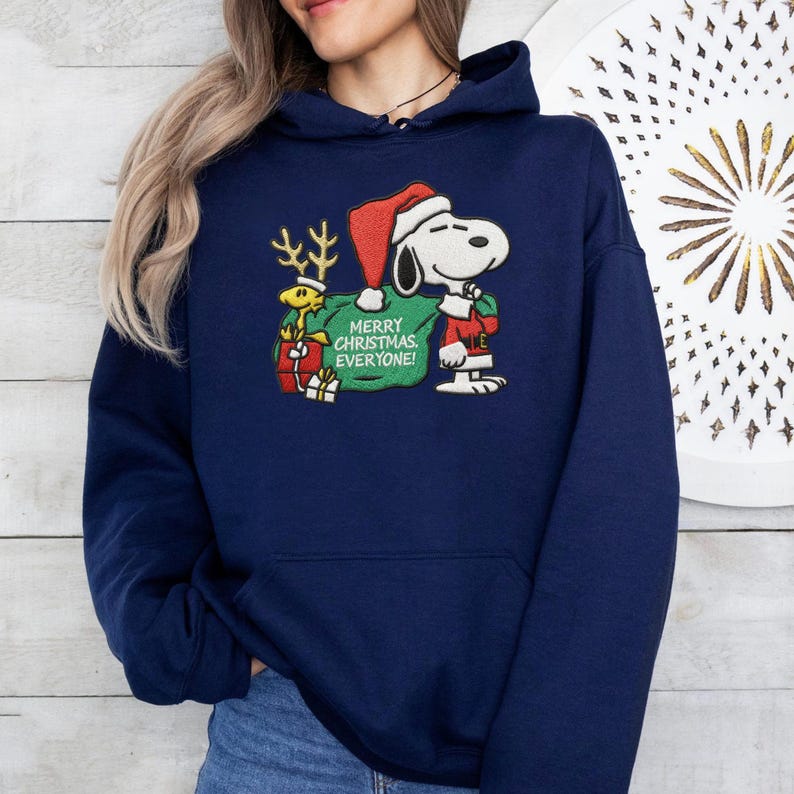 Merry Christmas Everyone Embroidery Shirt, Snoopy And Woodstock Christmas Embroidery Sweatshirt, Embroidery Hoodie - Image 5