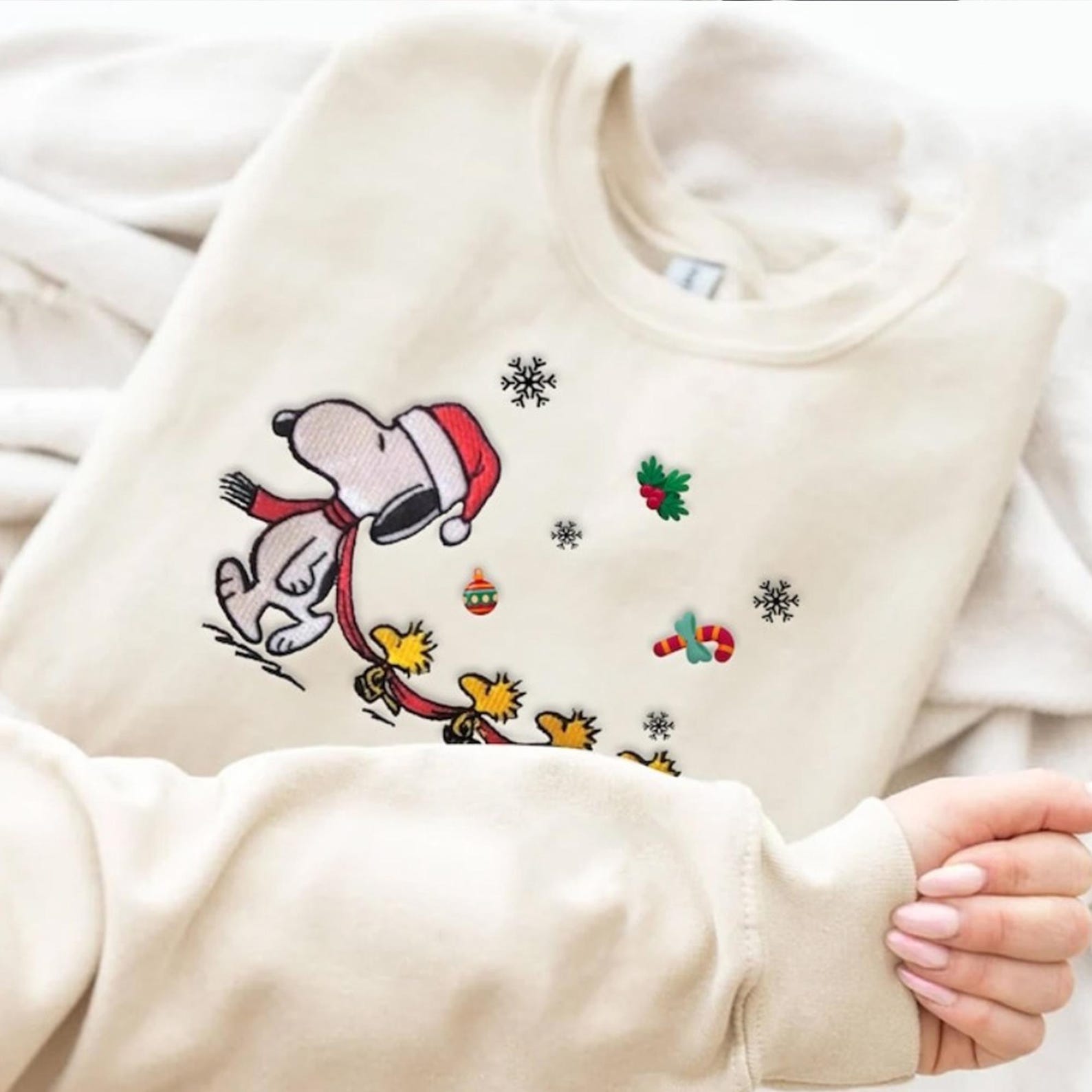 Funny Snoopy Woodstock Christmas Embroidered Sweatshirt, Snoopy Christmas Embroidered Sweatshirt, Christmas Embroidered Sweatshirt - Image 3