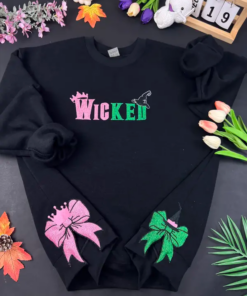 Wicked Glitter Side Bow Embroidered Sweatshirt, Elphaba And Glinda sweatshirt, Embroidered Wickeds Defy Gravity Sweatshirt