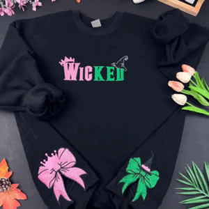 Wicked Glitter Side Bow Embroidered Sweatshirt, Elphaba And Glinda sweatshirt, Embroidered Wickeds Defy Gravity Sweatshirt