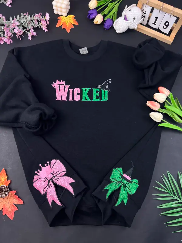 Wicked Glitter Side Bow Embroidered Sweatshirt, Elphaba And Glinda sweatshirt, Embroidered Wickeds Defy Gravity Sweatshirt