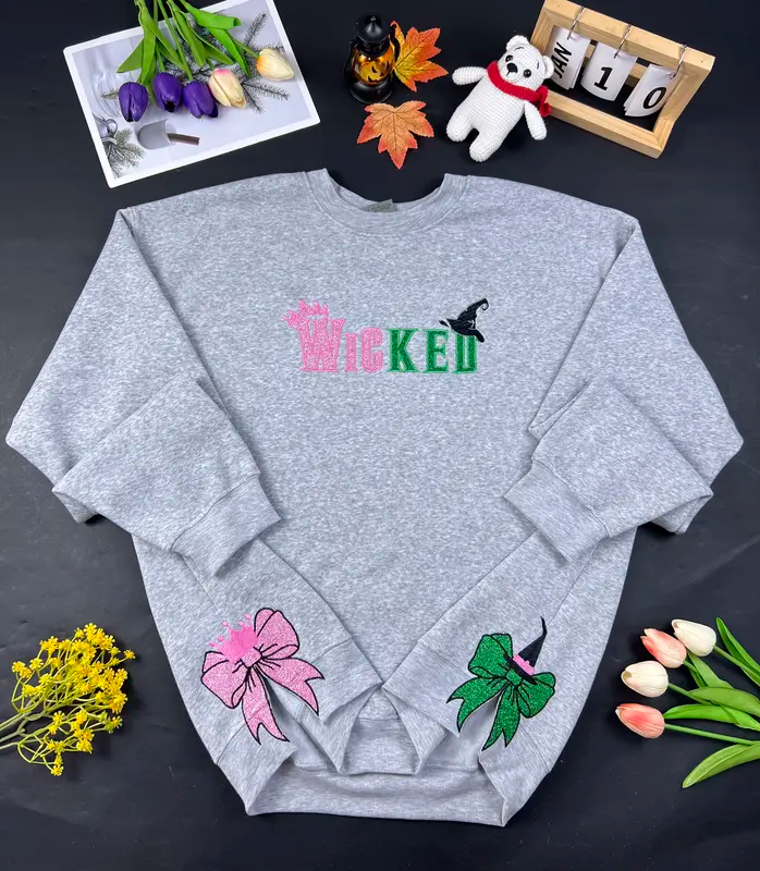 Wicked Glitter Side Bow Embroidered Sweatshirt, Elphaba And Glinda sweatshirt, Embroidered Wickeds Defy Gravity Sweatshirt - Image 2