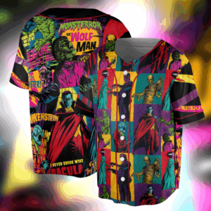 Retro Halloween Baseball Jersey, Monsters Monster Mash Poster Licensed Sublimation Jersey