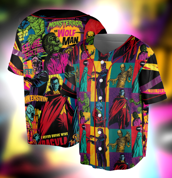 Retro Halloween Baseball Jersey, Monsters Monster Mash Poster Licensed Sublimation Jersey