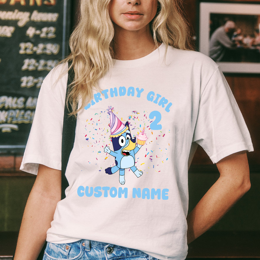 Custom Birthday Girl T-Shirt, Personalized Birthday Party Shirt, Birthday Girl Shirts, Cute Birthday Shirt, Cute Blue Dog Tee, Birthday Toddler Tee