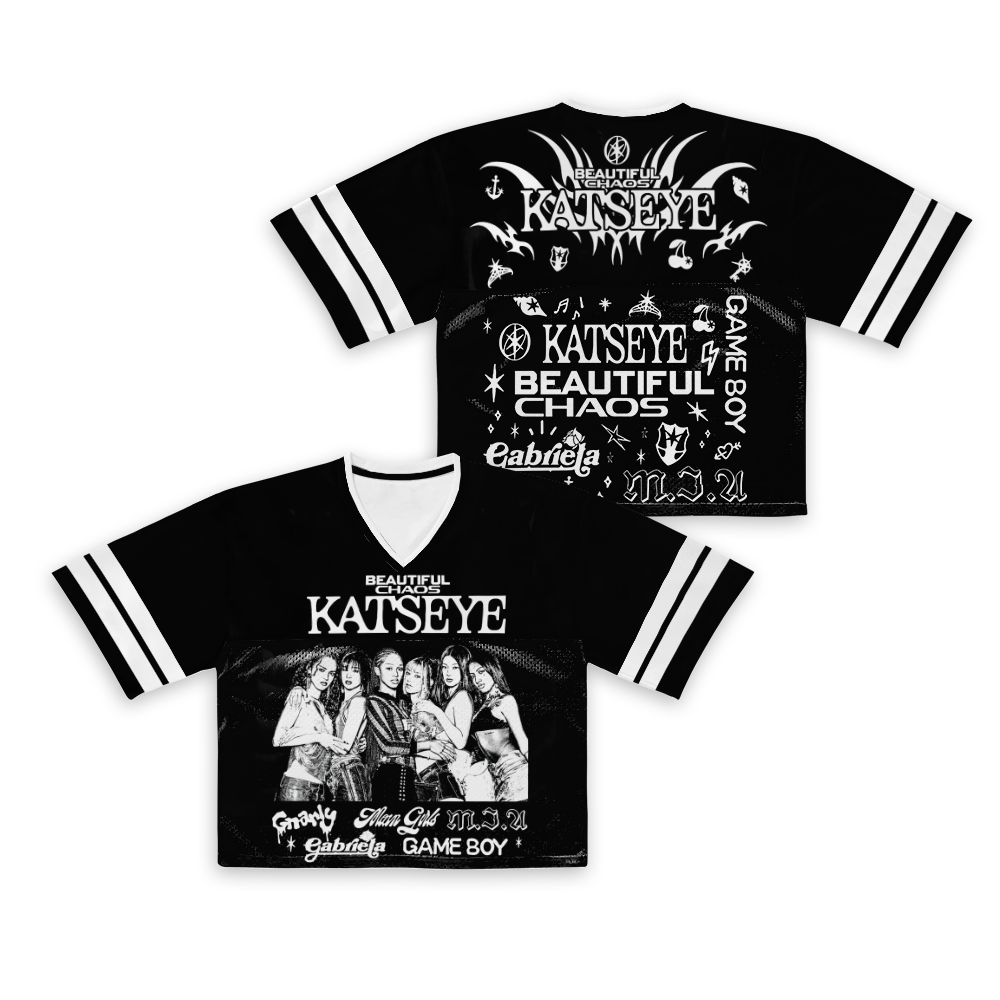 Retro Katseye Beautiful Chaos Tracklist Football Jersey Crop top, Katseye Gnarly Jersey, Gabriela Shirt, Katseye Soft is Strong Shirt, Katseye Members Sweater