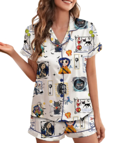 Coraline Best For Coraline Movie Vintage Retro Horror Pajamas Set Short, Coraline Movie Pajamas, Funny Cartoon Shirt