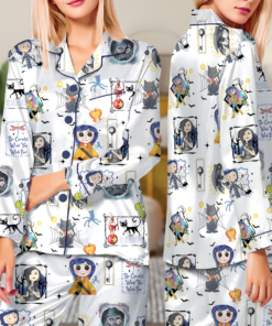 Coraline Best For Coraline Movie Vintage Retro Horror Pajamas Set Long, Coraline Movie Pajamas, Funny Cartoon Shirt