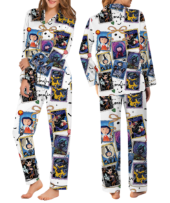 Alternative view of Cute Horror Movie Fan Pajamas Set Long, Coquette Bow Movie Eyes Tee, Halloween Coquette Pajamas, Fantasy Movie Shirt, Halloween Season Outfit