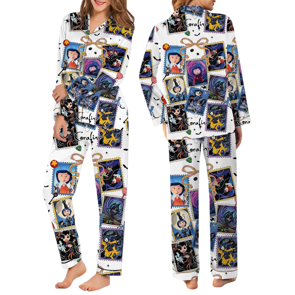 Cute Horror Movie Fan Pajamas Set Long, Coquette Bow Movie Eyes Tee, Halloween Coquette Pajamas, Fantasy Movie Shirt, Halloween Season Outfit - Image 2