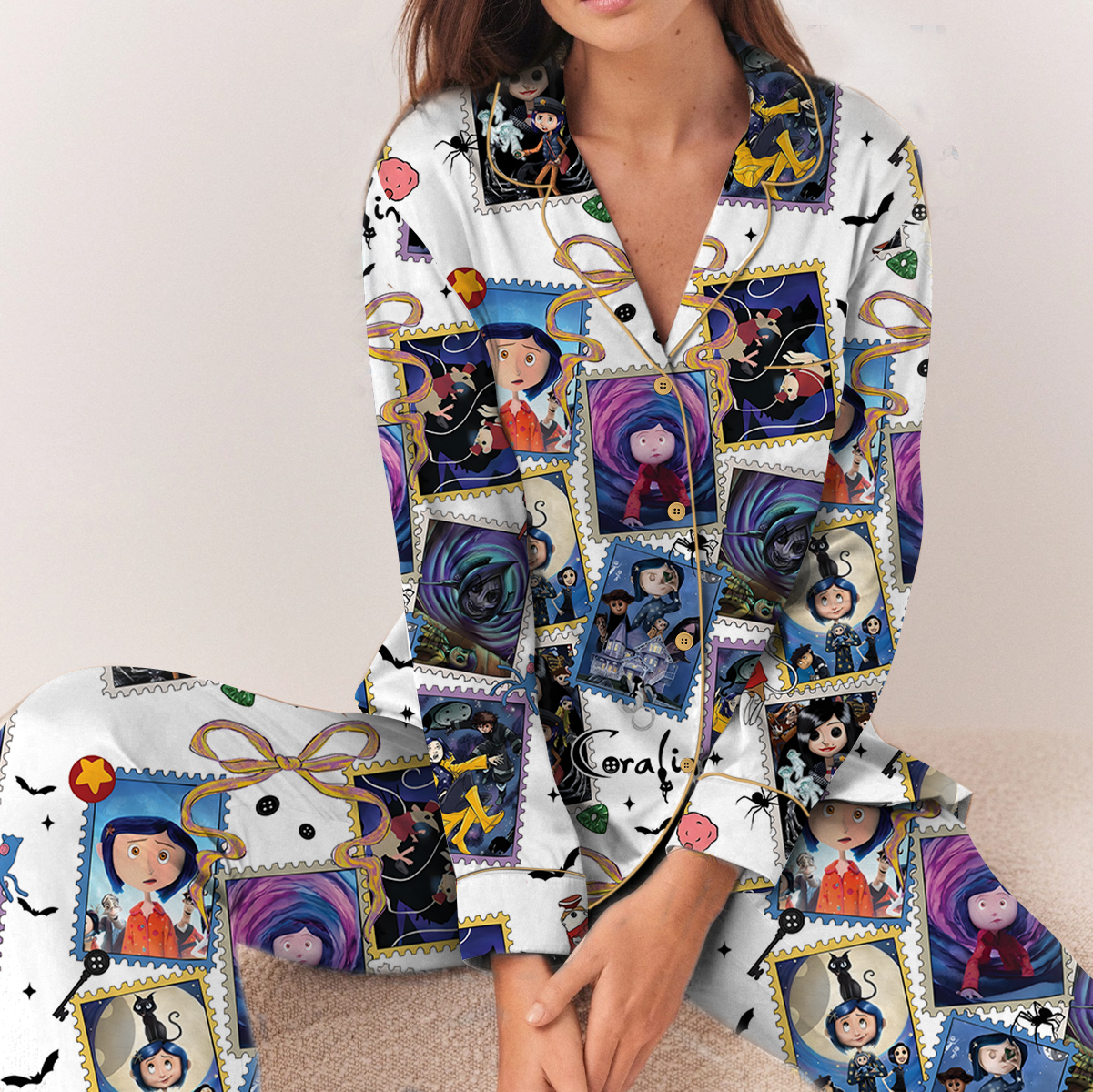 Cute Horror Movie Fan Pajamas Set Long, Coquette Bow Movie Eyes Tee, Halloween Coquette Pajamas, Fantasy Movie Shirt, Halloween Season Outfit - Image 3