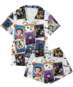 Alternative view of Cute Horror Movie Fan Pajamas Set Short, Coquette Bow Movie Eyes Tee, Halloween Coquette Pajamas, Fantasy Movie Shirt, Halloween Season Outfit