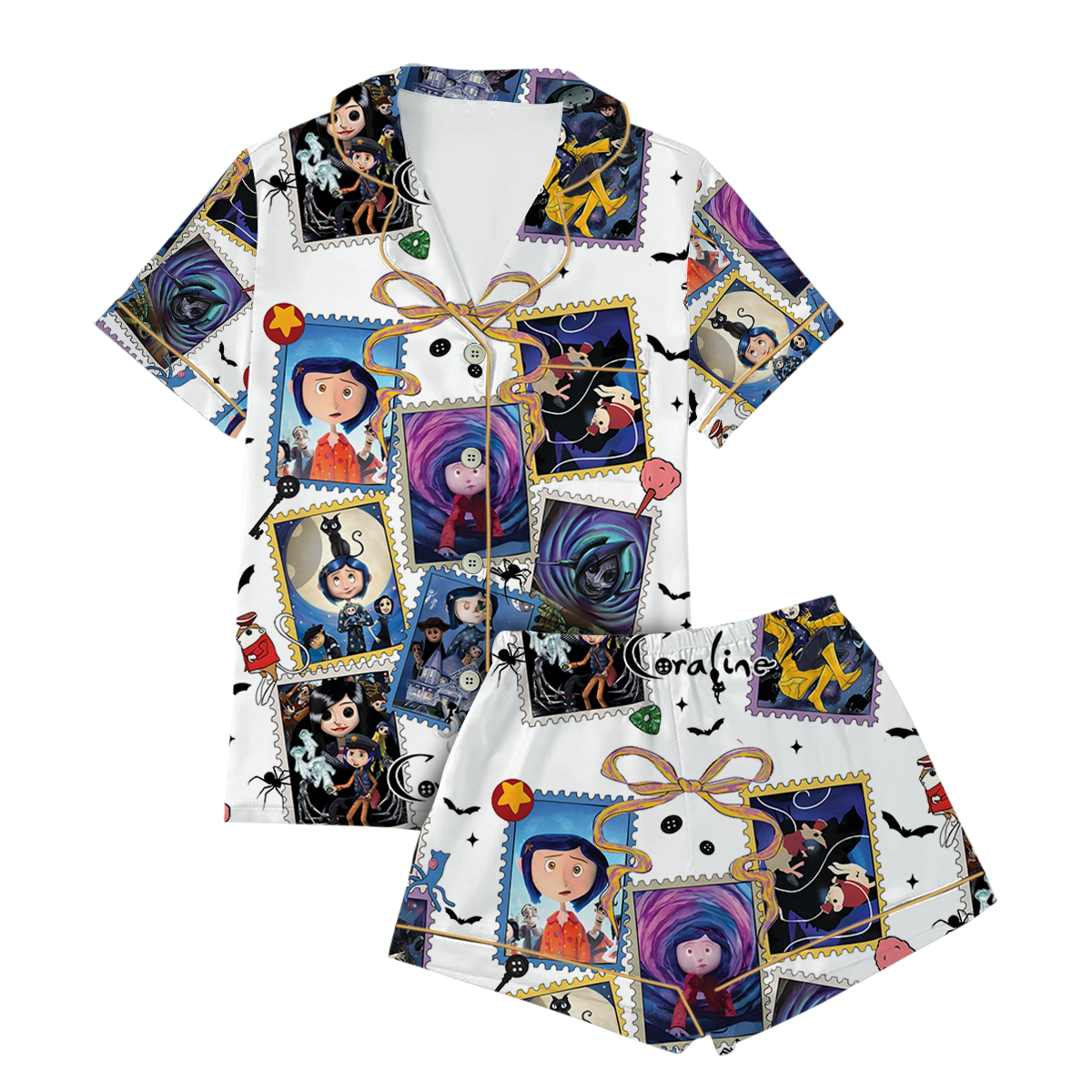 Cute Horror Movie Fan Pajamas Set Short, Coquette Bow Movie Eyes Tee, Halloween Coquette Pajamas, Fantasy Movie Shirt, Halloween Season Outfit - Image 2