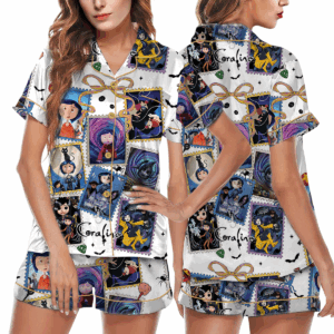 Cute Horror Movie Fan Pajamas Set Short, Coquette Bow Movie Eyes Tee, Halloween Coquette Pajamas, Fantasy Movie Shirt, Halloween Season Outfit