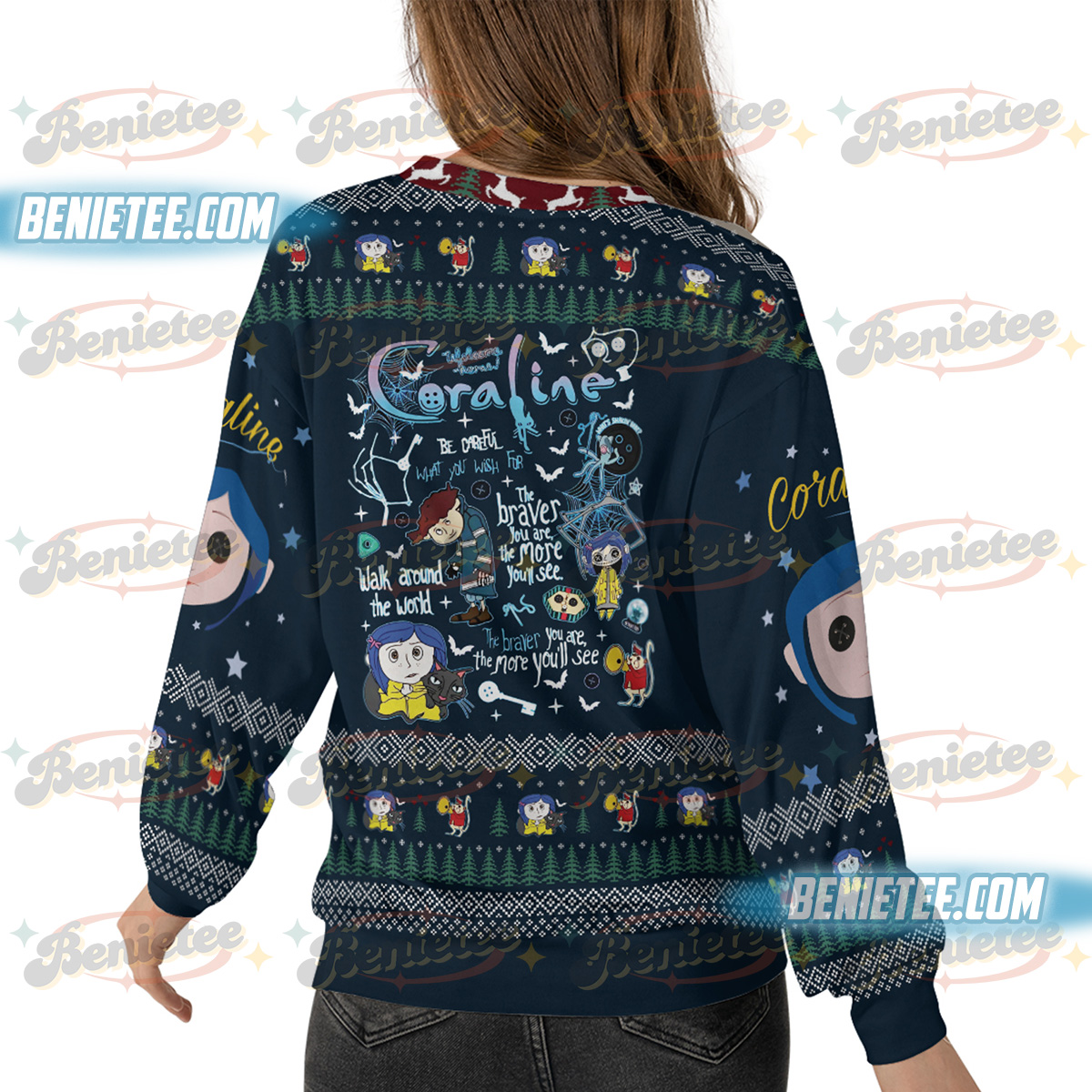 Scary Ragroll Sweatshirt, Cora Button Eyes Sweater Ugly, Bleached button doll gift, Movie Be Wise Be Brave, Coraline Jones Long sleeve - Image 2