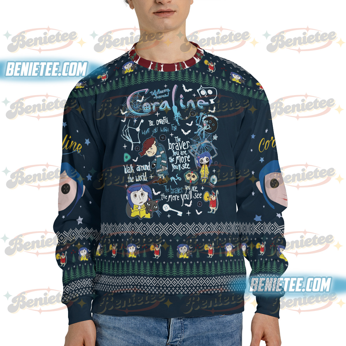 Scary Ragroll Sweatshirt, Cora Button Eyes Sweater Ugly, Bleached button doll gift, Movie Be Wise Be Brave, Coraline Jones Long sleeve - Image 3