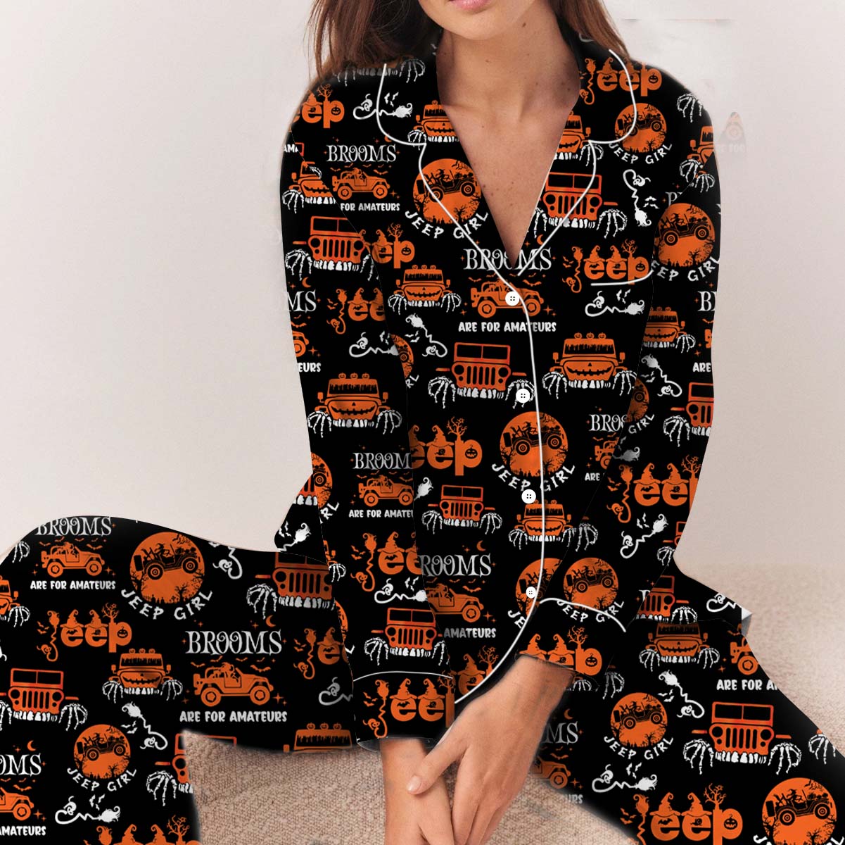 Halloween My Broom Broke So Now I Ride A Jeep Pajamas Set Long, Halloween Pajamas, Cute Spooky Season Gift