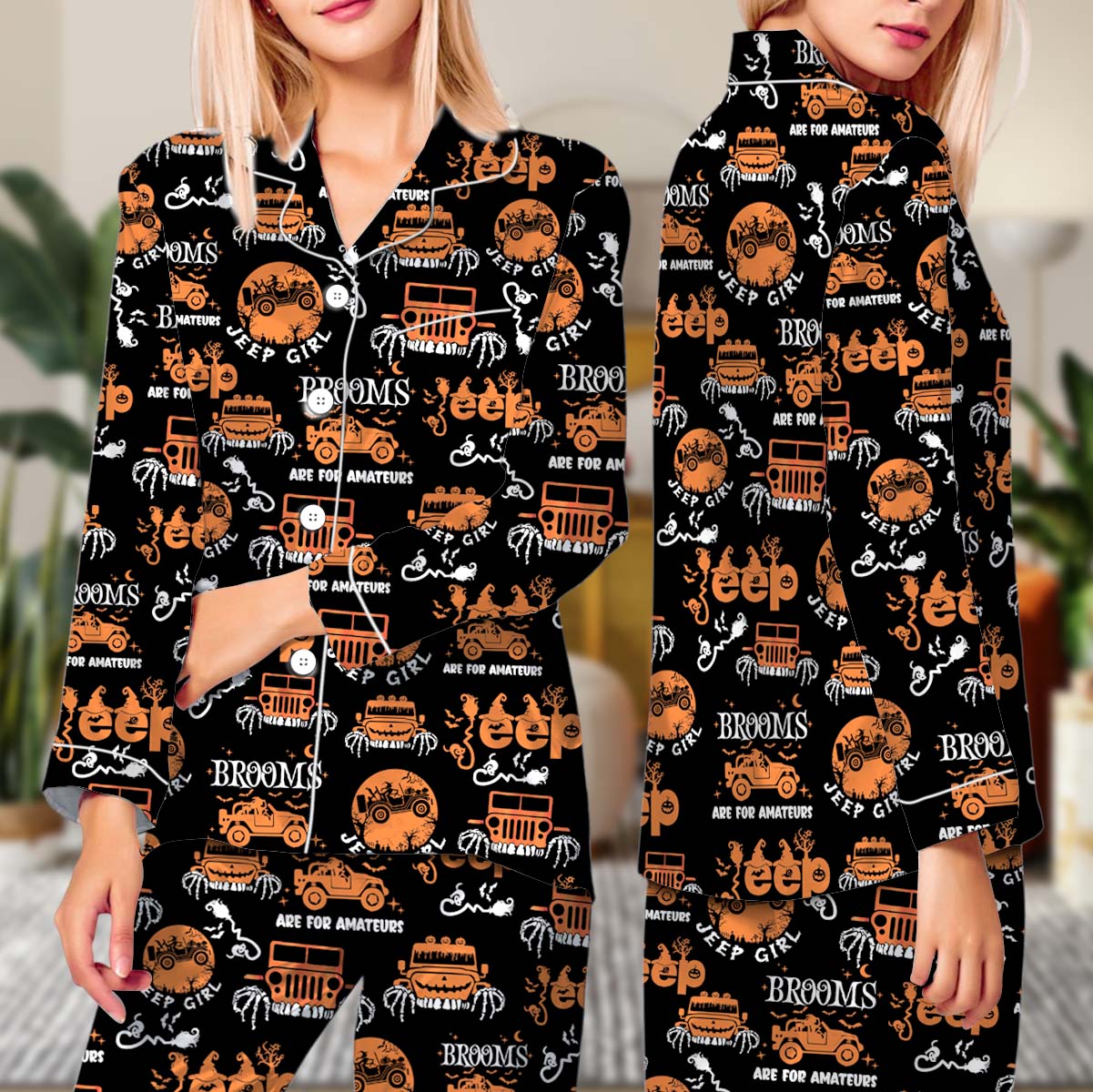 Halloween My Broom Broke So Now I Ride A Jeep Pajamas Set Long, Halloween Pajamas, Cute Spooky Season Gift - Image 2