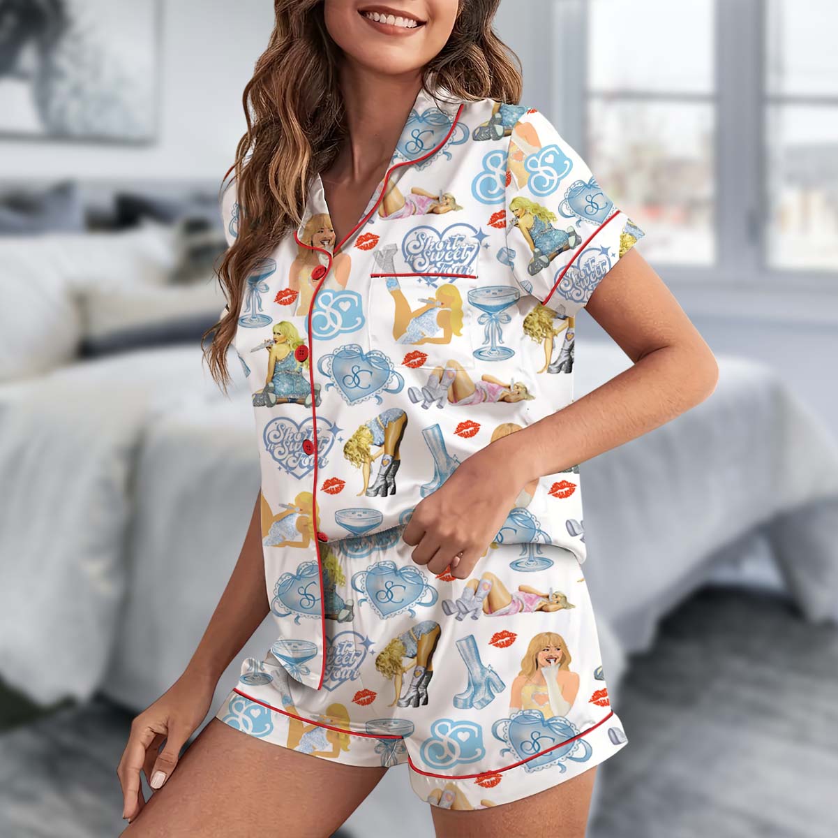 Vintage Sabrina Carpenter Pajamas Set Short, Pop Music Merch Tee Casual Summe - Image 3