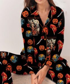Alternative view of Horror Movie Pajama Set Long, Michael Myers Freddy Krueger Chucky PJs, Halloween Sleepwear, Spooky Cute Gift